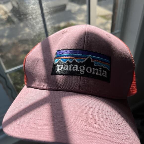 Patagonia P-6 Mesh Trucker Hat Adjustable Snapback Orange Pink Cap Patch Logo - Picture 2 of 11